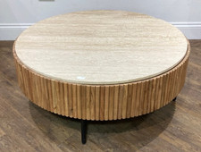 Libra Interiors Marble Top Coffee Table Ribbed Wood Base Black Metal Legs NEW Bo