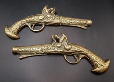 Pair of Vintage Solid Brass 9" Wall Hanging Dueling Pistols Flintlock Guns