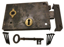 Old Antique steel brass trimmed left hand rim lock (RL474)