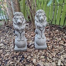 Pair Stone Lion On Ball Garden Ornament Statue Patio Decor Pillar Cap Gate Gift