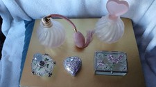 Vintage Vanity Set Pink Perfume Bottles 1x with Atomizer + Trinket Boxes