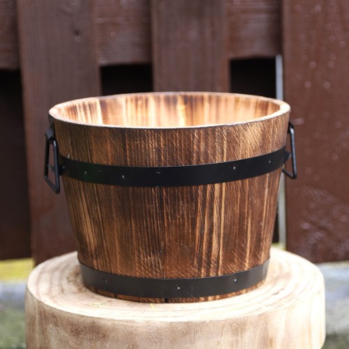 Round wooden barrel planter - wooden,