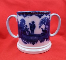 Antique Doulton Burslem Watteau Flow Blue Two / Twin Handled Mug