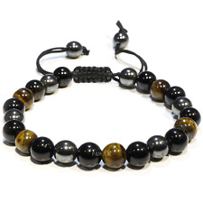 8mm Adjustable Triple Protection Bracelet  Hematite, Tiger's Eye,Obsidian Stone