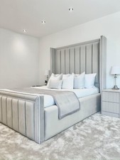 High Headboard Wingback Line Bed with Piping With/Without Ottoman Lift Storage