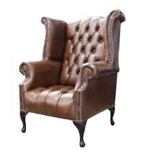 Fixed Buttoned Armchair Leather Genuine Queen Anne High Back Chair Antique Tan