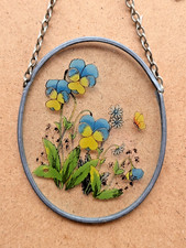 Vtg Hand Painted Floral Pansy Glass Lead Hanging Picture Frame