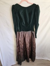 Vintage 80s Womens Medium Taffeta Velour Puff Sleeve Bow Prom Dress Bridesmaid