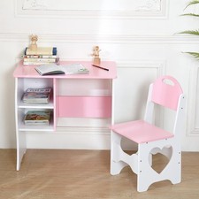 Wooden Kids Desk and Chair Set Children's Writing Study Table with Book Shelves