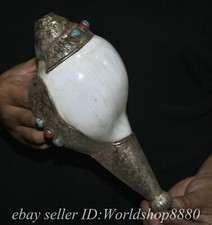 9.6" Old Tibet Tibetan Silver Temple Conch Shell Trumpet Horn Statue