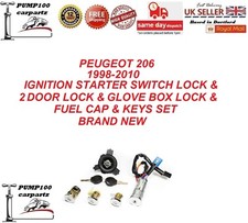 FOR PEUGEOT 206 98-10 IGNITION SWITCH LOCK & 2 DOOR & GLOVE LOCK & FUEL CAP SET