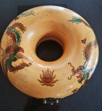 Yellow Finish Wooden Round Necklace Jewelry Box Dragon Phoenix Fire Ball