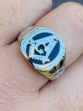 Mens Real Solid 925 Sterling Silver Ring Free Mason Masonic Letter G Black Onyx