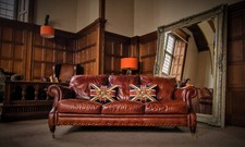 VICTORIAN STYLE CHESTNUT TAN ANTIQUE LEATHER CHESTERFIELD 3 SEAT STUD CLUB SOFA