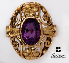 Vintage Flowers, Blossoms and Vines Ring with Amethyst Purple 585 Gold Size 50