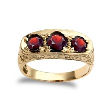 Mens 9ct Gold Jewelco London Garnet 3 Stone Trilogy Carved Gypsy Ring