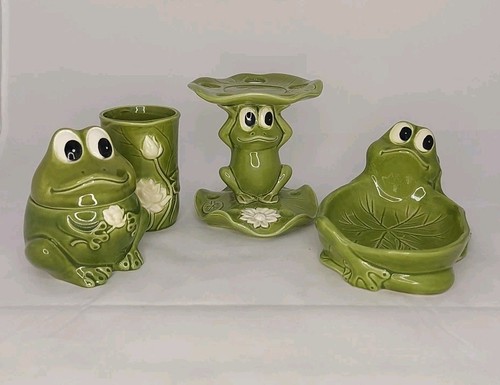 Vintage set ceramic green frog - green,