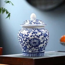 Oriental Style Blue and White Porcelain Ginger Jar Tea Storage Jar with Lid