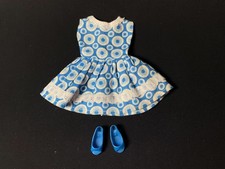 Vintage 1960s doll dress blue circles pattern + Sindy peep toe shoe fit 12" doll