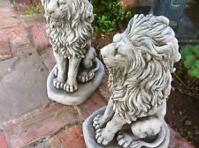 STONE LIONS,PAIR OF PROUD GARDEN CONCRETE STONE LIONS,STONE ORNAMENTS,LIONS DETA