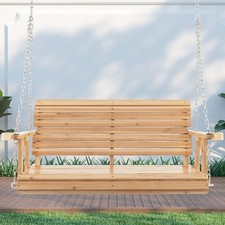 149cm Wooden Porch Swing Heavy Duty Bench Swing Hanging Chains with Cup Holders