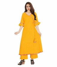 Beautiful Readymade Yellow Rayon Angrakha Kurta Plazo Suit Salwar Kameez Dresses