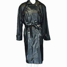 🧥🌧️ OTELLO PELLE Vintage 1980s Black Rubberized Trench Raincoat Women's 5/6