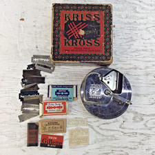 antique Kriss Kross Razor Blade Sharpener & 30+ Gillette Hev-Tee Razor Blades