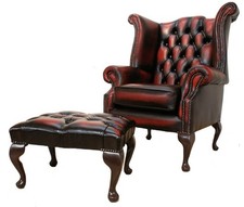 Chesterfield High Back Chair + Footstool Italian Oxblood Real Leather