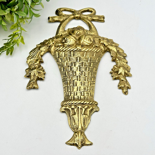 Vtg solid brass flower basket - brass,