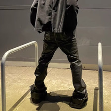 Opium Style Black Waxed Mens Leather Jeans Oversized Flare Fit Sizes M-XXL