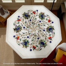 White Marble Inlaid Coffee Tabletop Semi Precious Stone Marquetry Art Furniture