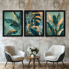Green And Gold Tropical Wall Art Set Of 3 Prints Monstera Leaf Nature Home Decor