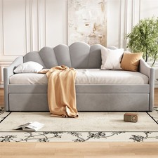 Day Bed Upholstered Single Bed Frame with Trundle Underbed In Grey 2 beds in 1