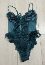 Vintage Frederick's of Hollywood Satin Teddy Lingerie Sz M - Teal Green