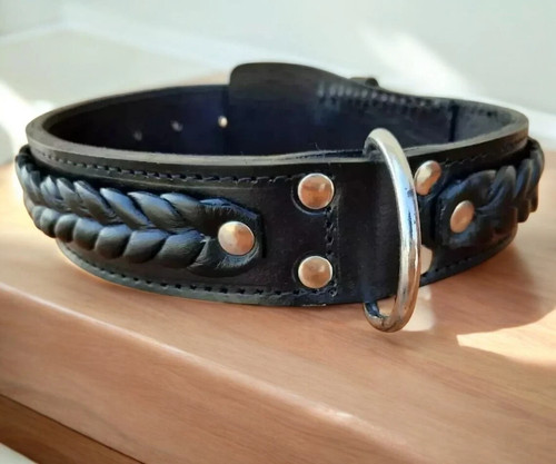 Black leather dog collar - leather, k9