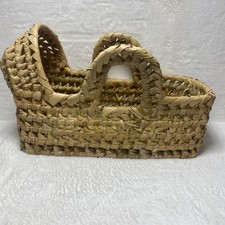 VTG  Hand Woven Wicker Seagrass Baby Doll Basket Bassinet Farmhouse Hood Handles