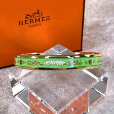 Vintage Hermes Bangle Bracelet Sky Cloud Stars Green Enamel Gold Rim 65 w/Box