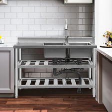 Catering Sink Commercial Kitchen Stainless Steel Double Bowl Drainer Unit w/ Tap