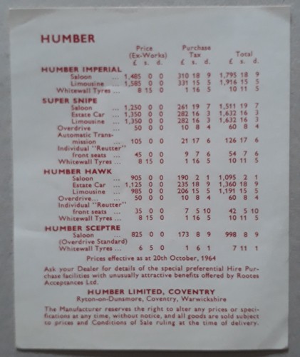Humber range price list - range,