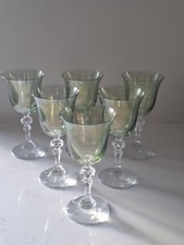 6 Green Wine Glasses Opalescent Flashed Glass Clear Stem
