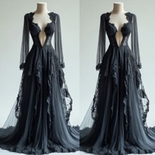 Black Gothic Wedding Dresses Victoria Long Sleeves A Line Deep Neck Bridal Gowns
