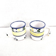 Pier 1 Solimar Hand-Painted Coffee Mugs Set of 2 Blue Yellow Green Floral Tunisi