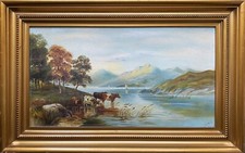 Early 20thc Mountainous Scottish Highland Cattle Loch Landscape Oil Painting