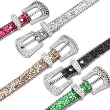 Gold Free Size Rhinestone Studded Belt PU Leather Adjustable Grommet Bling R HOT