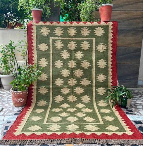 Green kilim rug handmade - green,