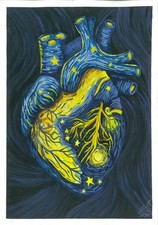 original painting 17 x 25 cm 389LV artwork watercolor Van Gogh-style heart