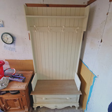 Rustic Ivory Cream Hall Hallway Monk Bench Coat Stand Hooks & Storage Drawer