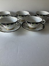 5 x Vintage Stanley Bone China Cups And Saucers -  Black And White Floral Gilt