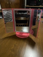BeautyWorks Trifold Pink Makeup Vanity Tabletop Mirror With LED Lights